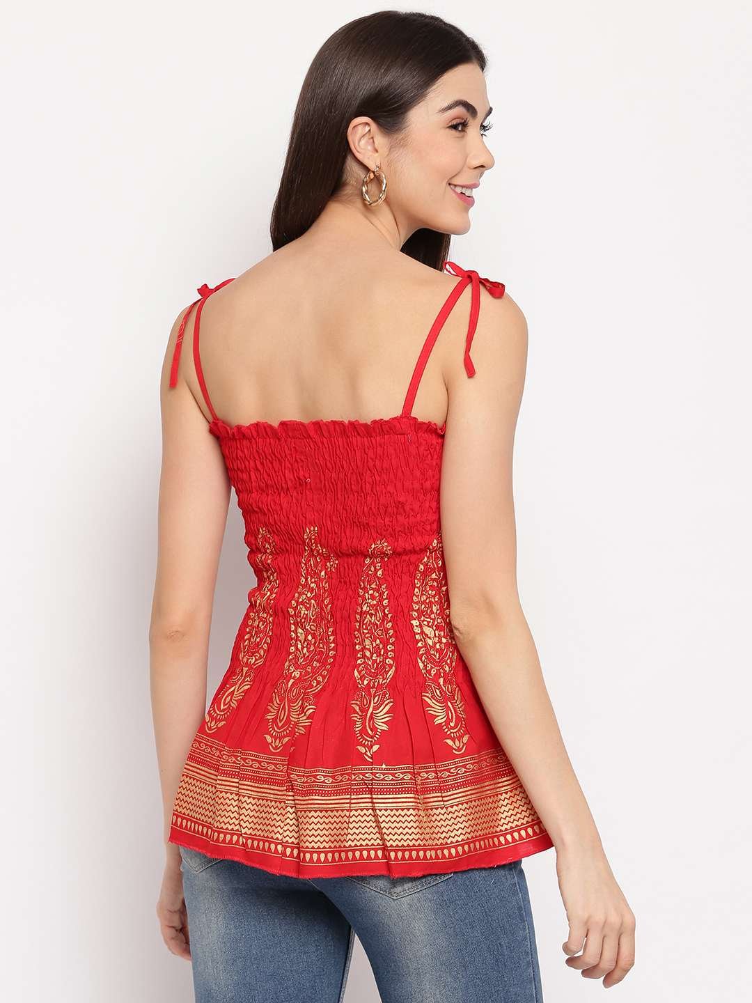 Women's Rayon Buta Printed Casual Summer Style Tie Shoulder Straps Free Size Tank Top ( Red Gold Pattern) - Image 2