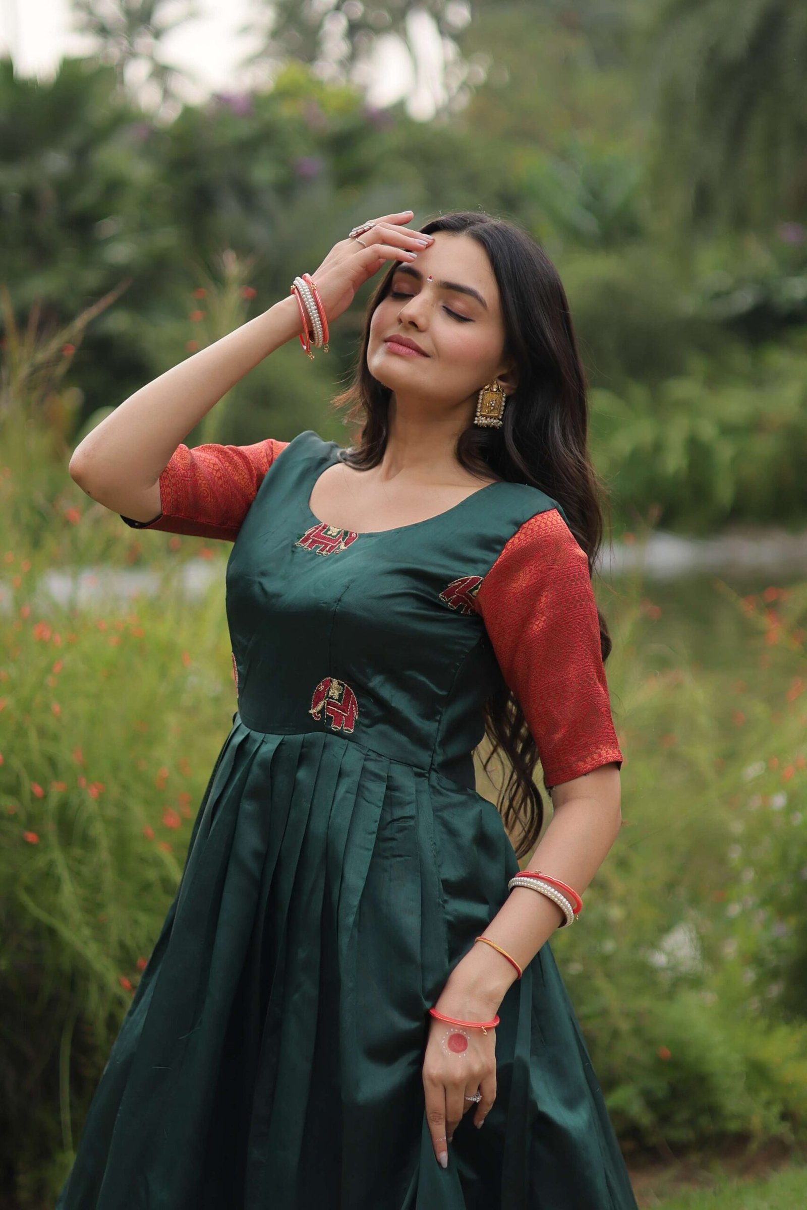 Green Banarasi Jacquard Silk Gown ? Elegant Free-Size Designer Party & Wedding Wear - Image 6