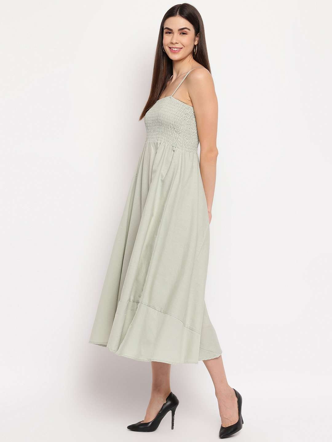Women's Viscose Rayon Solid Shoulder Straps Sleeveless Flared Gown Drees (Light Grey)