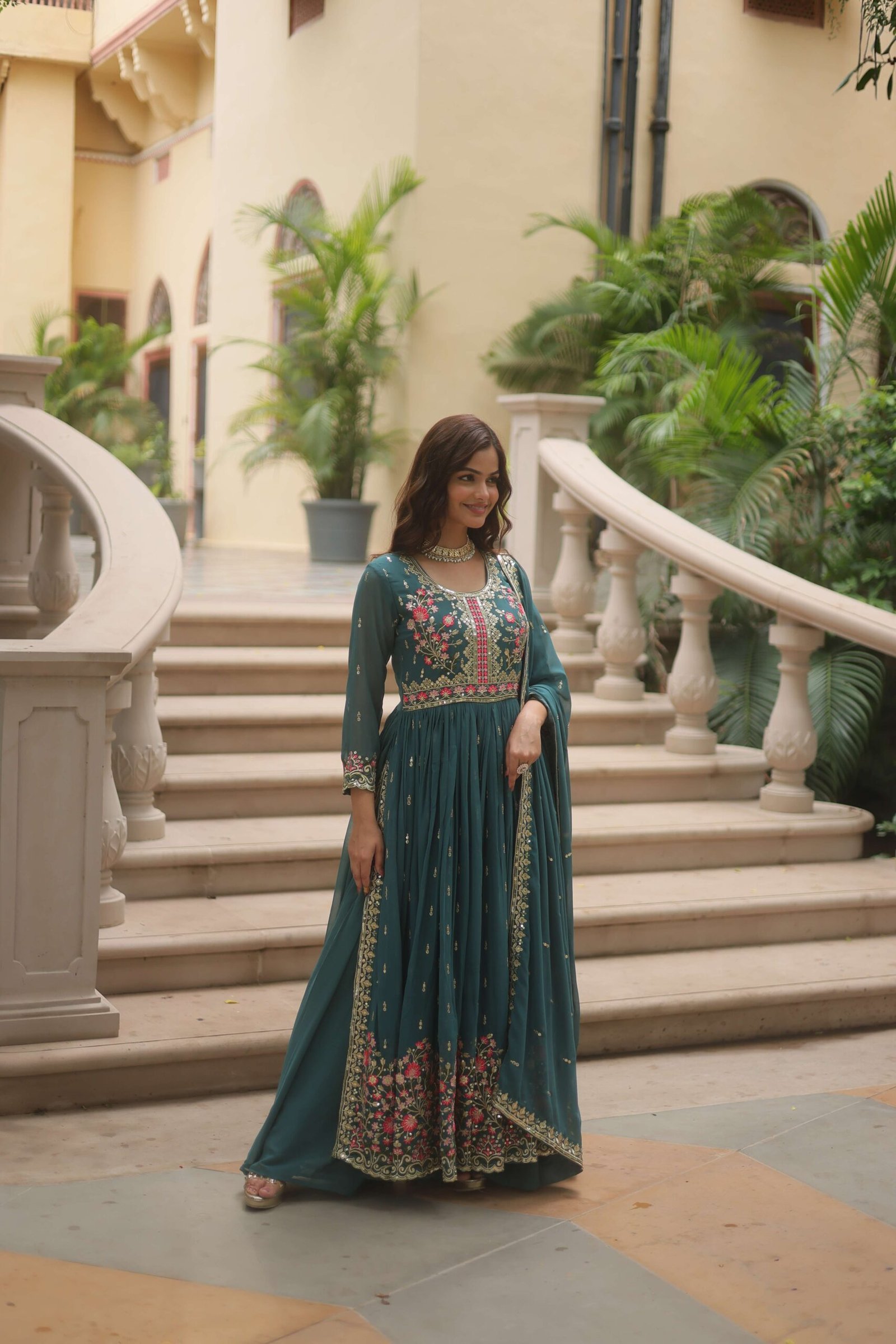 Rama Faux Georgette Sequins Embroidered Kurti with Sharara & Dupatta Set - Image 4
