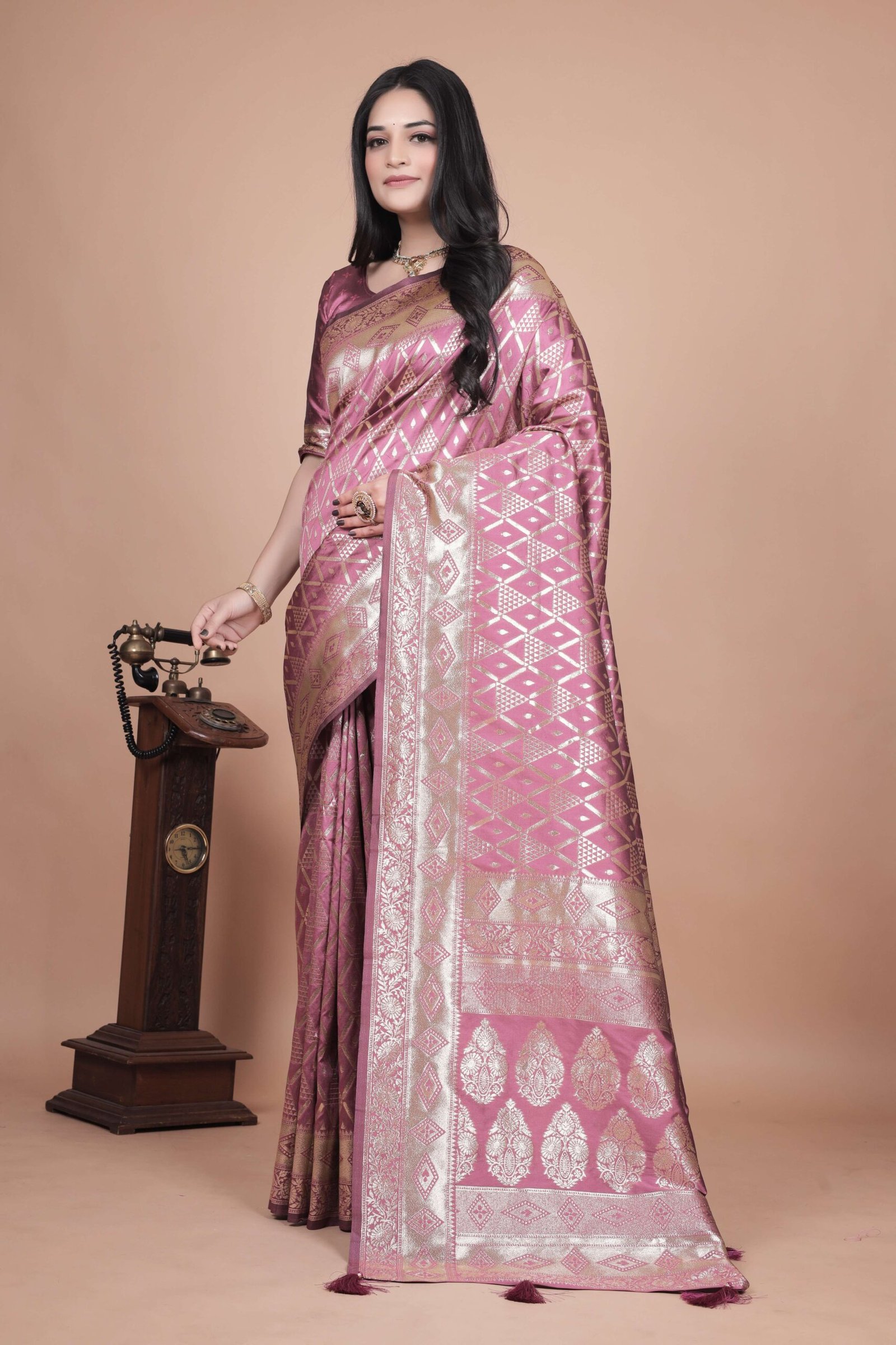 Mauve Banarasi Silk Saree with Silver Geometric & Floral Zari | Wedding & Festive Wear | Elegant Designer Saree - Image 2