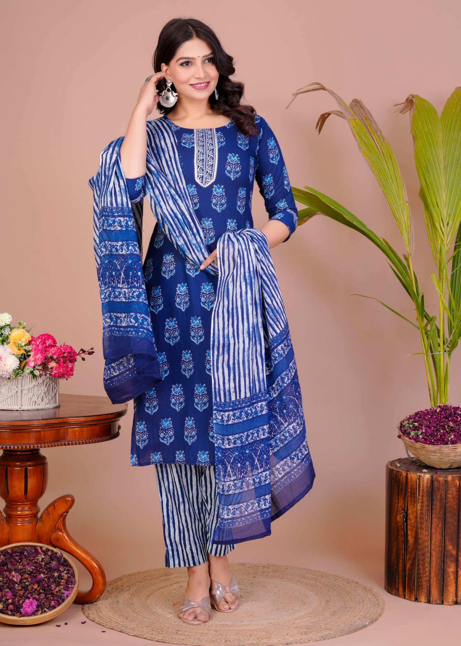 Women's Blue Cotton Printed Straight Kurti with Pant & Dupatta Set