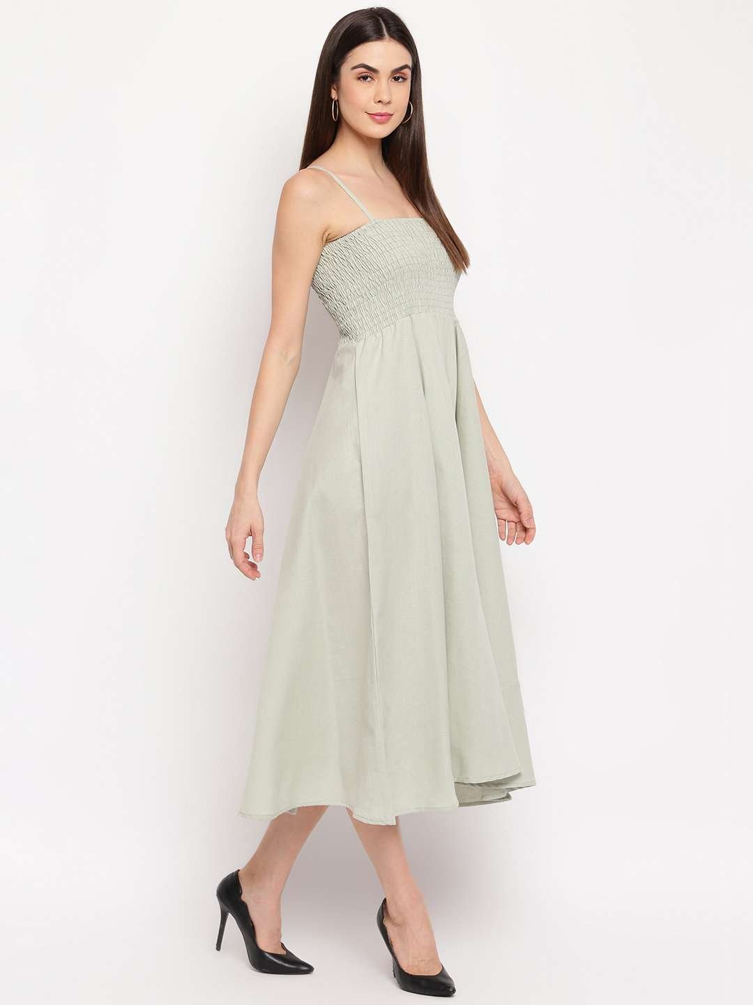 Women's Viscose Rayon Solid Shoulder Straps Sleeveless Flared Gown Drees (Light Grey) - Image 2