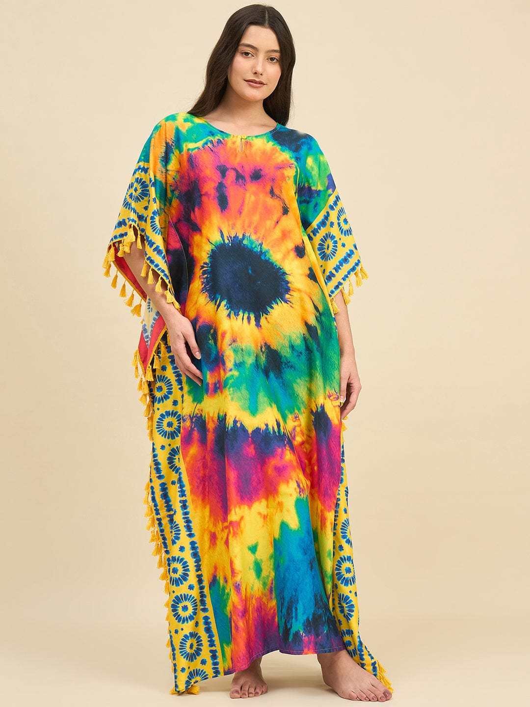 Women's Cotton Tie Dye Print Flowing Bell Sleeves Full Length Kaftan Drees Casual Beach Wear ( Multicolor ) - Image 2