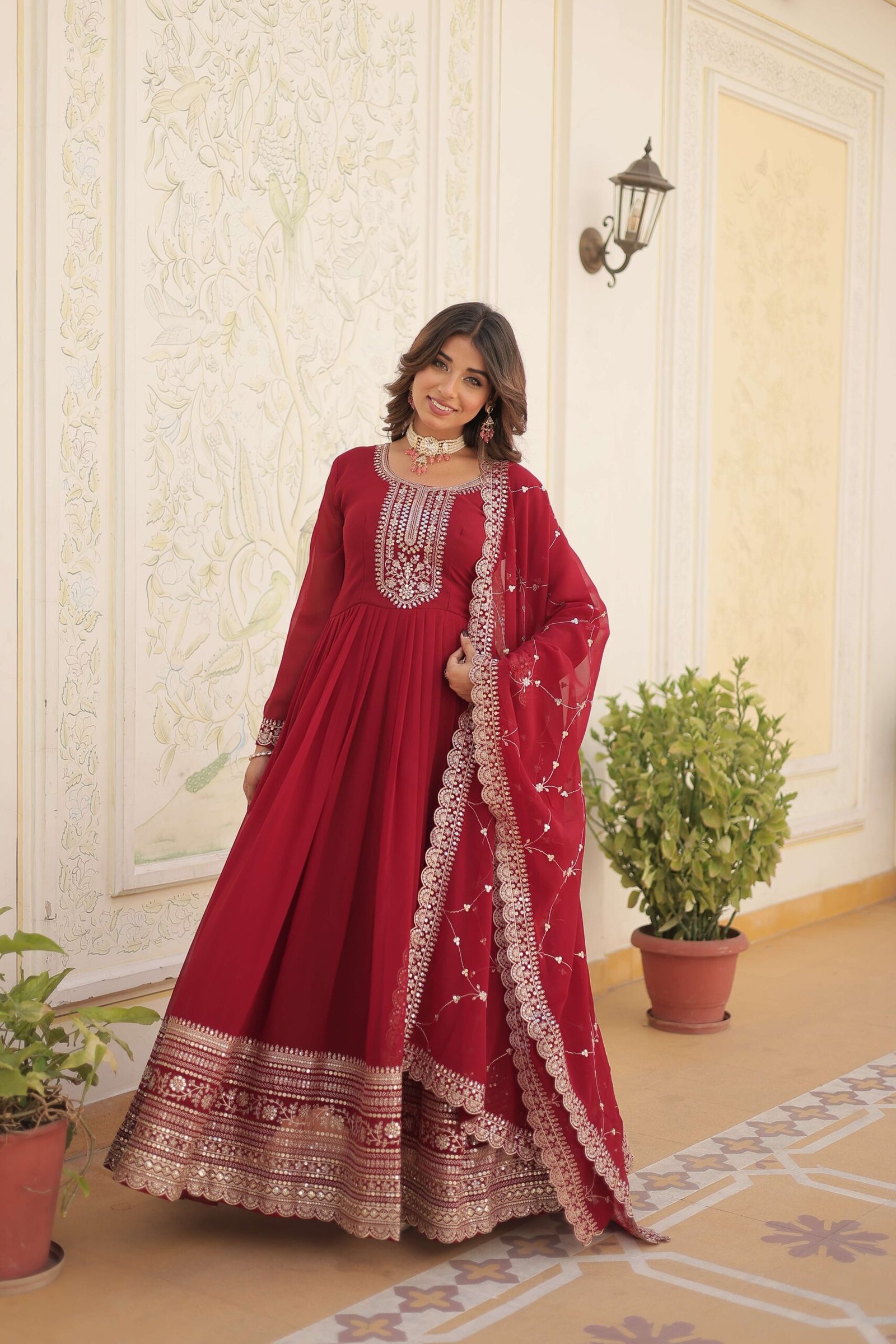 Maroon Faux Blooming Sequins Embroidered Gown with Matching Dupatta ? Festive & Party Wear 2024 - Image 5