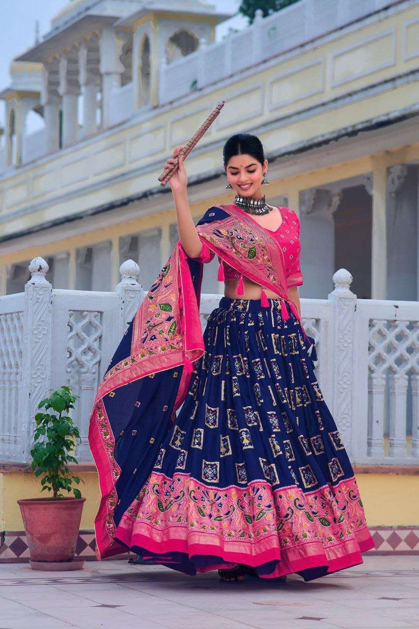 Blue Tussar Silk Lehenga Choli with Pink Blouse | Bandhani Peacock & Foil Print | Wedding & Festive Wear - Image 3