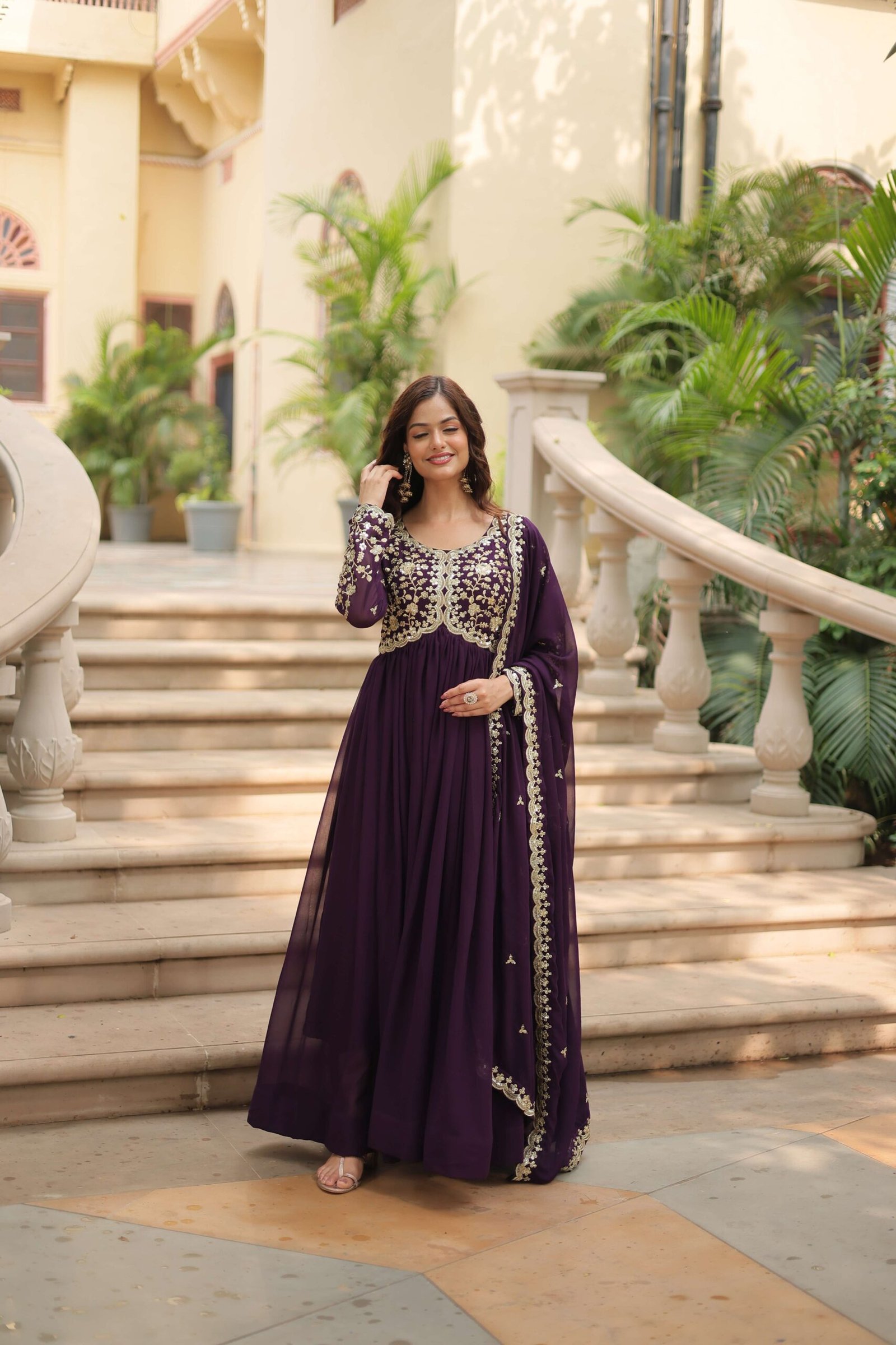 Wine Faux Blooming Sequins & Zari Embroidered Gown with Matching Dupatta - Image 5