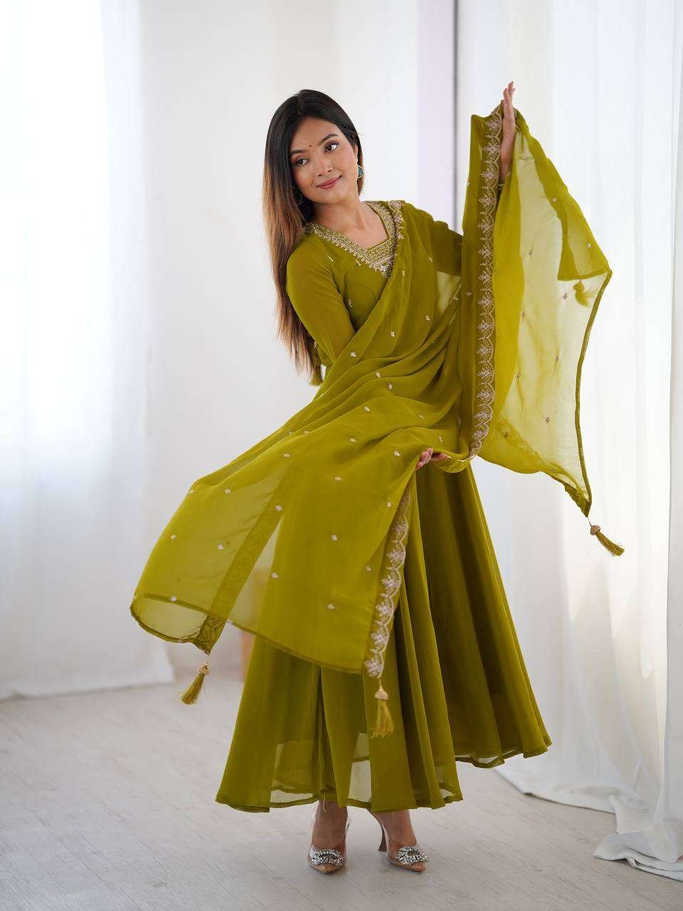 Womens Crunchy Silk Anarkali Kurti with Pant & Dupatta Set - Image 8