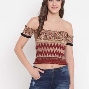 Women's Rayon Printed Off-Shoulder Smocked Crop Top Short Sleeve Casual Styles Tank Top (FREE SIZE) Multi8